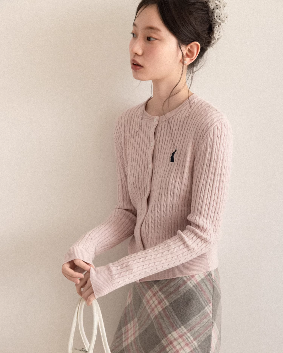 Pink Cable Knit Cardigan & Bias Check Skirt CA0028