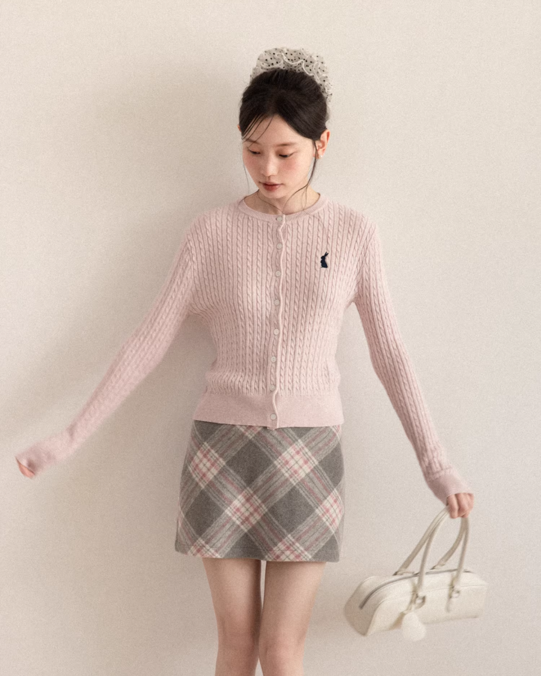 Pink Cable Knit Cardigan & Bias Check Skirt CA0028