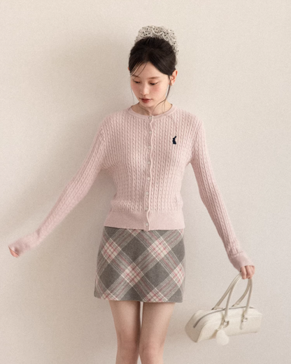 Pink Cable Knit Cardigan & Bias Check Skirt CA0028