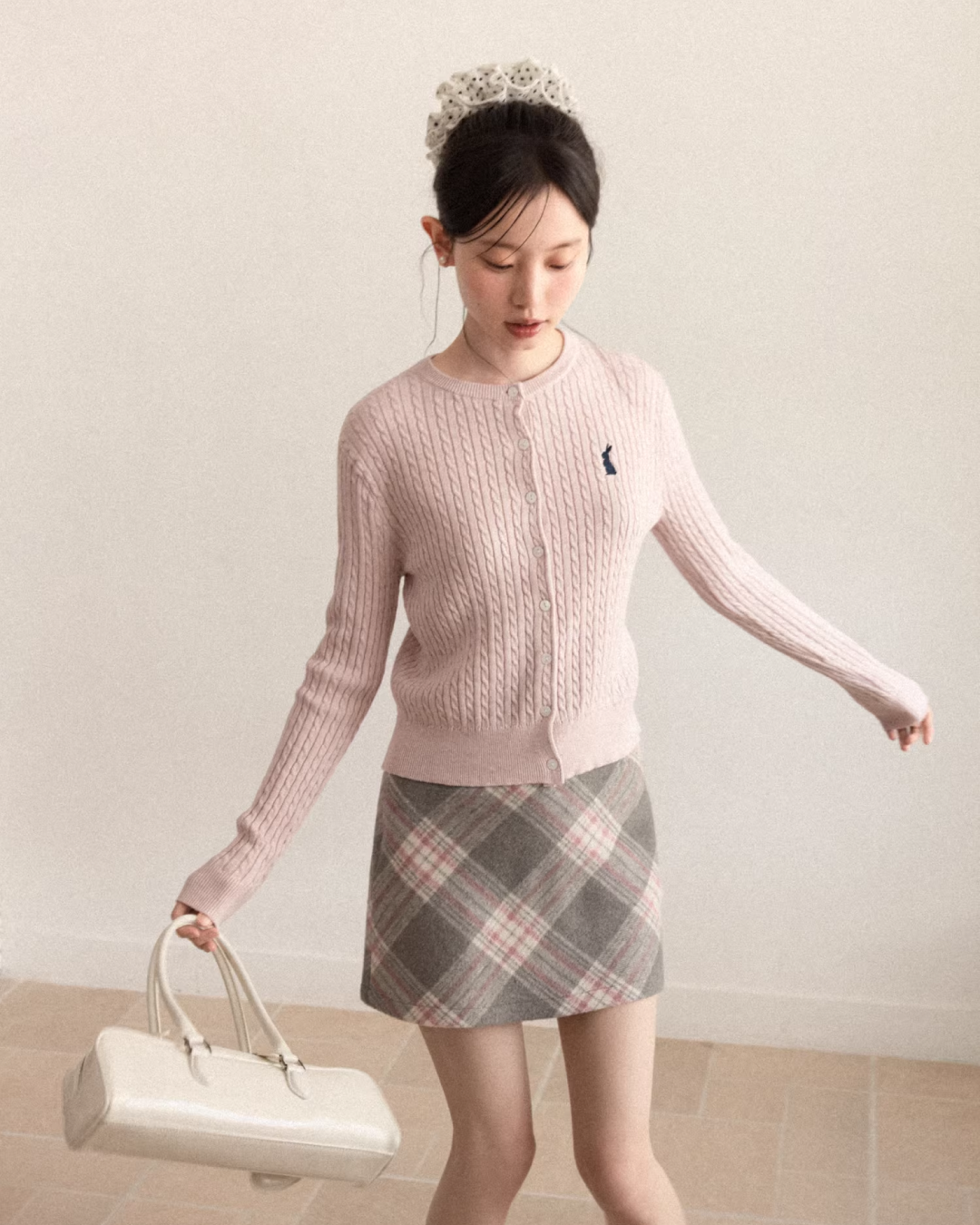 Pink Cable Knit Cardigan & Bias Check Skirt CA0028