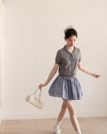 Layerd Gray Knit Shirt & Blue Check Skirt CA0029