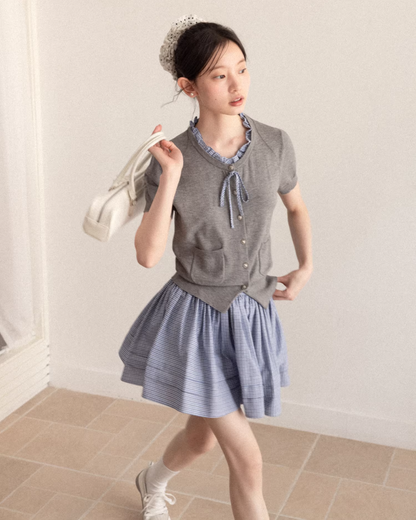 Layerd Gray Knit Shirt & Blue Check Skirt CA0029