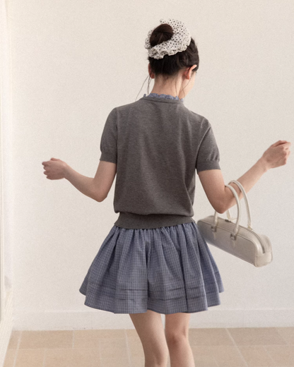 Layerd Gray Knit Shirt & Blue Check Skirt CA0029