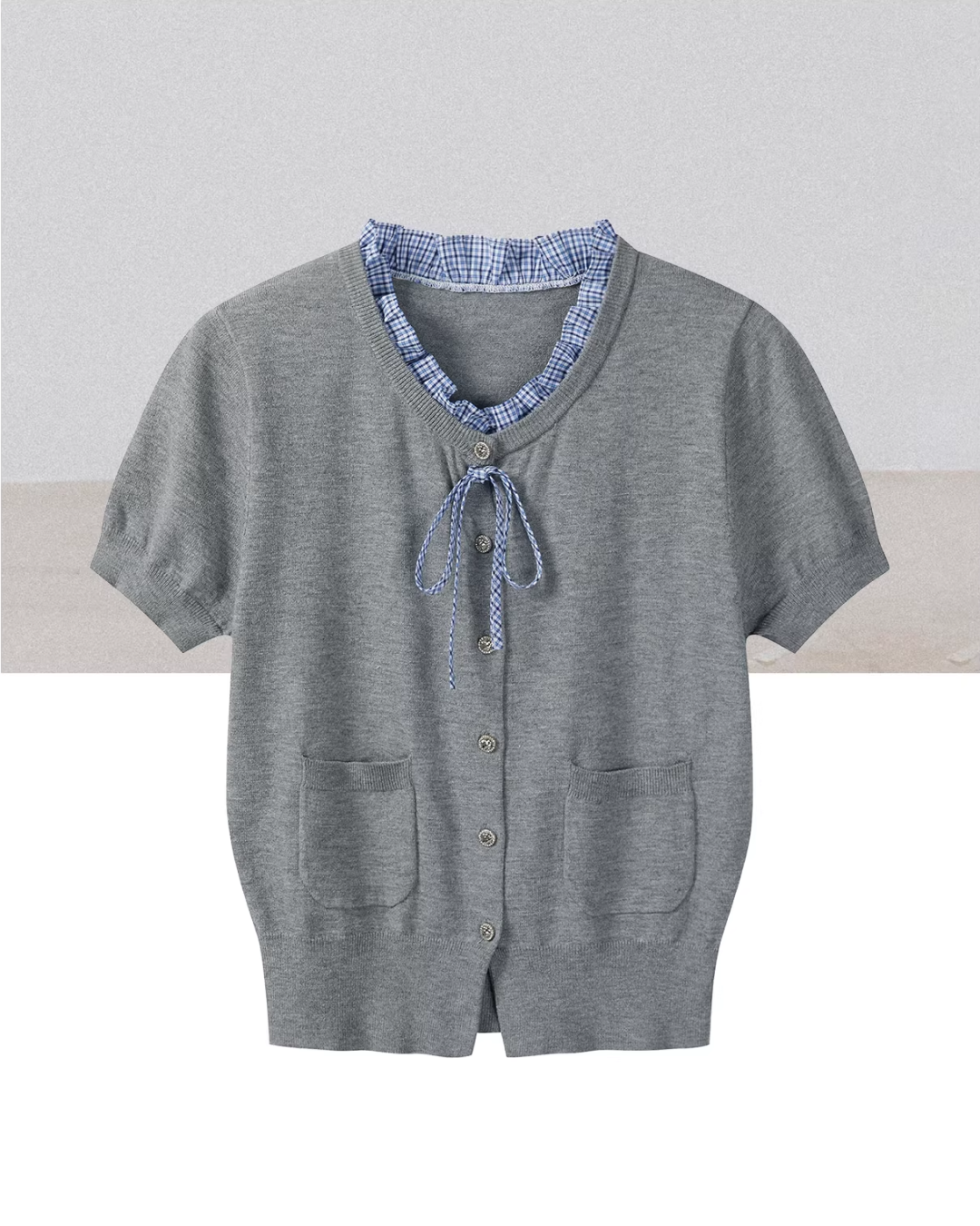 Layerd Gray Knit Shirt & Blue Check Skirt CA0029