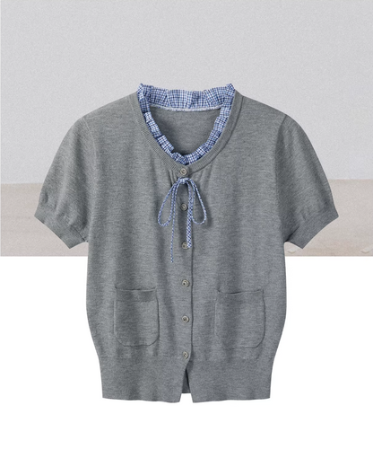 Layerd Gray Knit Shirt & Blue Check Skirt CA0029