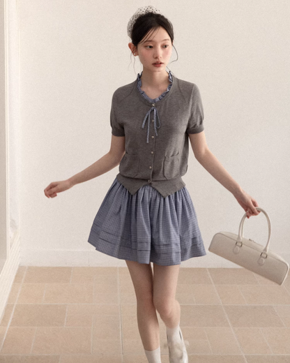 Layerd Gray Knit Shirt & Blue Check Skirt CA0029