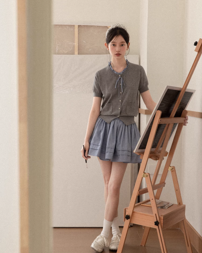 Layerd Gray Knit Shirt & Blue Check Skirt CA0029