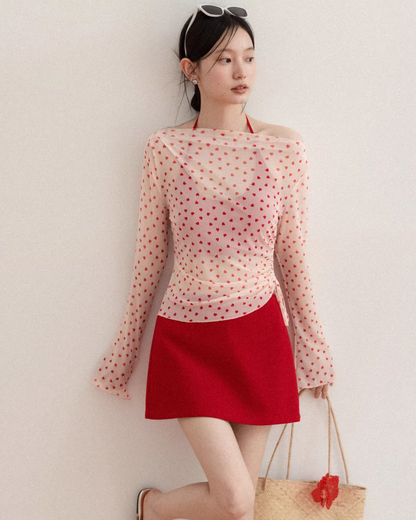 Red Cotton Brassiere & Heart Printed See-through Top CA0030