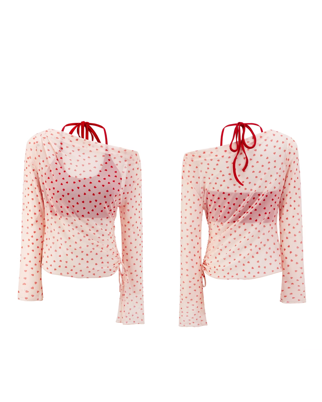 Red Cotton Brassiere & Heart Printed See-through Top CA0030