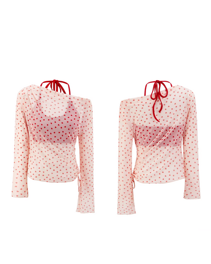 Red Cotton Brassiere & Heart Printed See-through Top CA0030