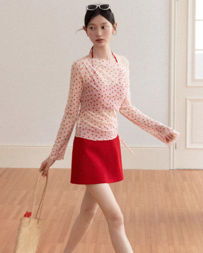 Red Cotton Brassiere & Heart Printed See-through Top CA0030