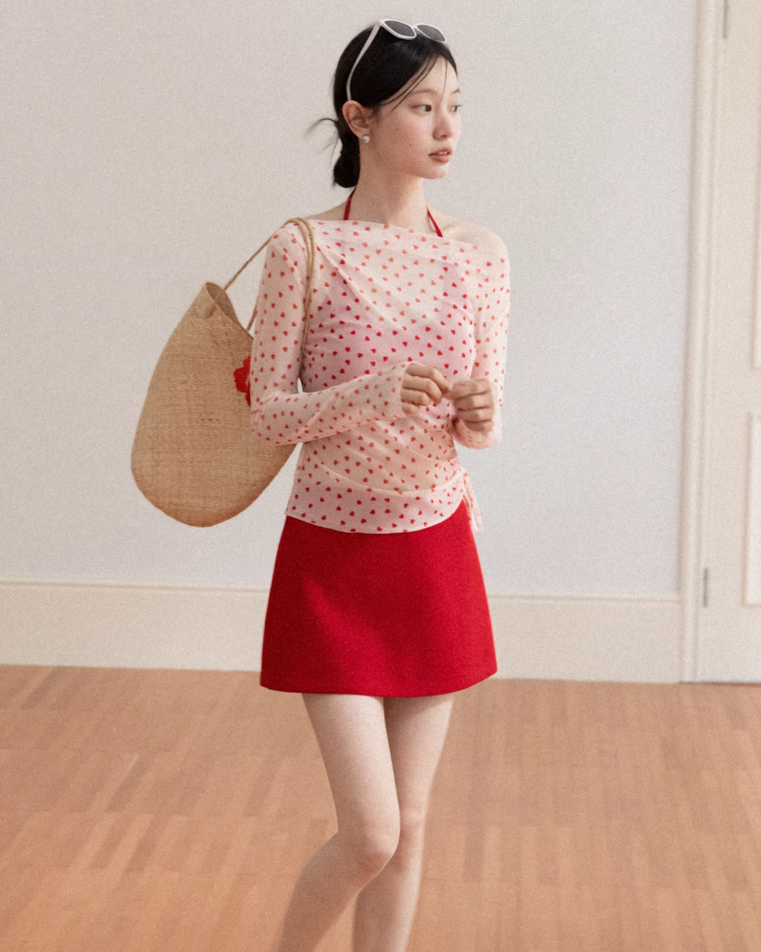Red Cotton Brassiere & Heart Printed See-through Top CA0030