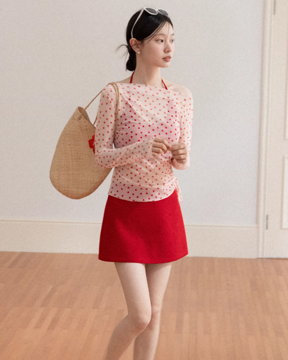 Red Cotton Brassiere & Heart Printed See-through Top CA0030