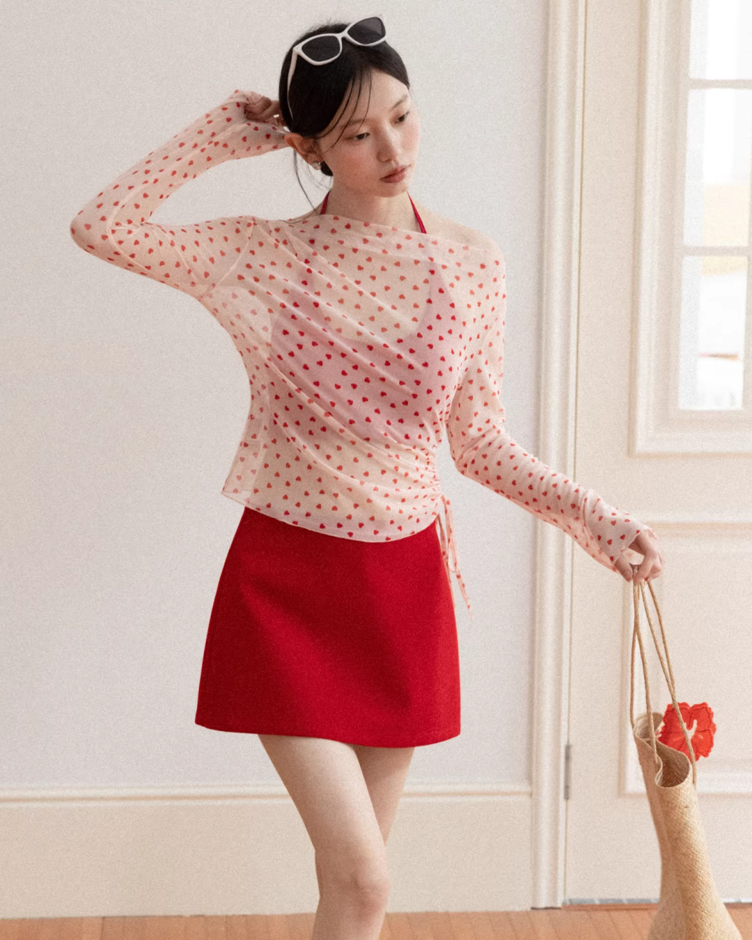 Red Cotton Brassiere & Heart Printed See-through Top CA0030