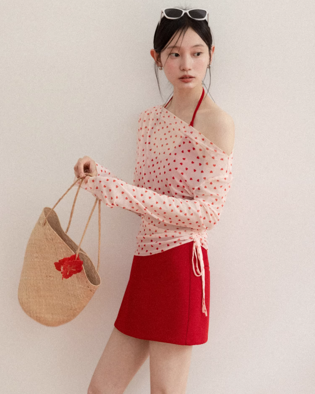 Red Cotton Brassiere & Heart Printed See-through Top CA0030