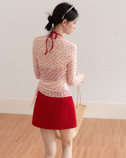 Red Cotton Brassiere & Heart Printed See-through Top CA0030
