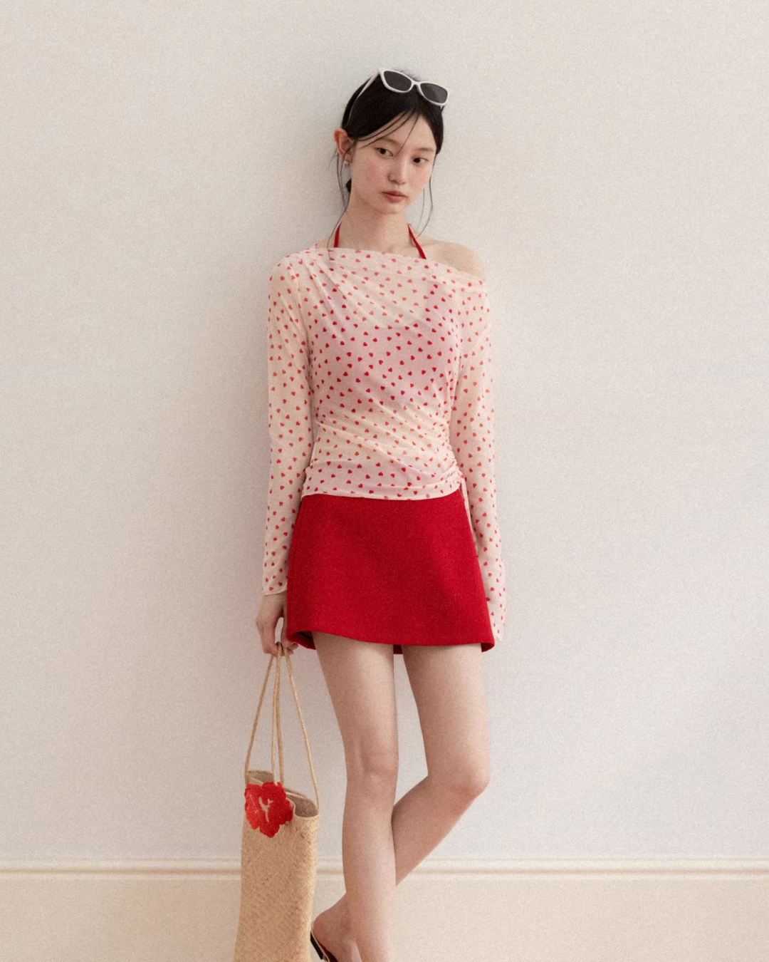 Red Cotton Brassiere & Heart Printed See-through Top CA0030