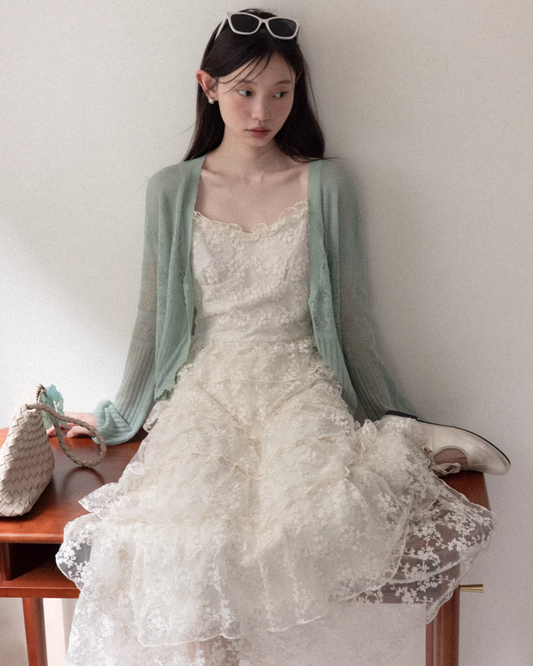 Lace Camisoal Dress & Green Cardigan CA0031