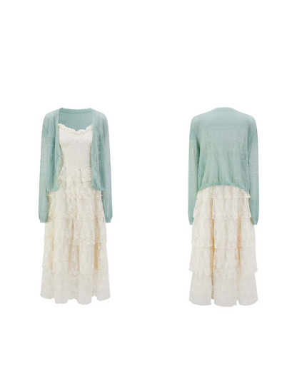 Lace Camisole Dress & Green Cardigan CA0031