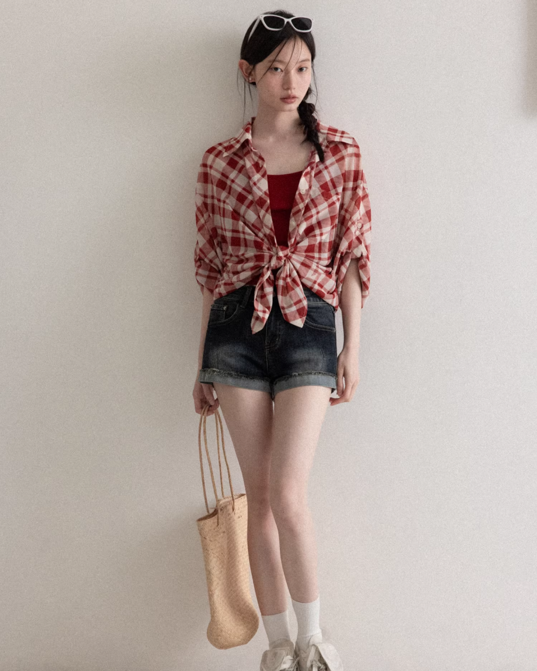 Red Plaid Pattern Shirt & Short Denim Pants CA0032