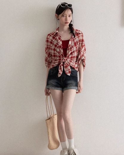 Red Plaid Pattern Shirt & Short Denim Pants CA0032
