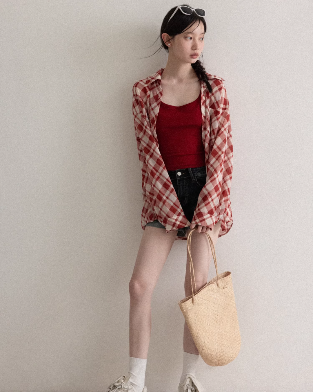 Red Plaid Pattern Shirt & Short Denim Pants CA0032