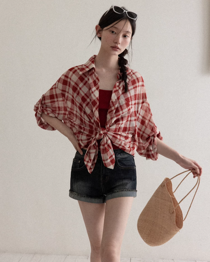 Red Plaid Pattern Shirt & Short Denim Pants CA0032