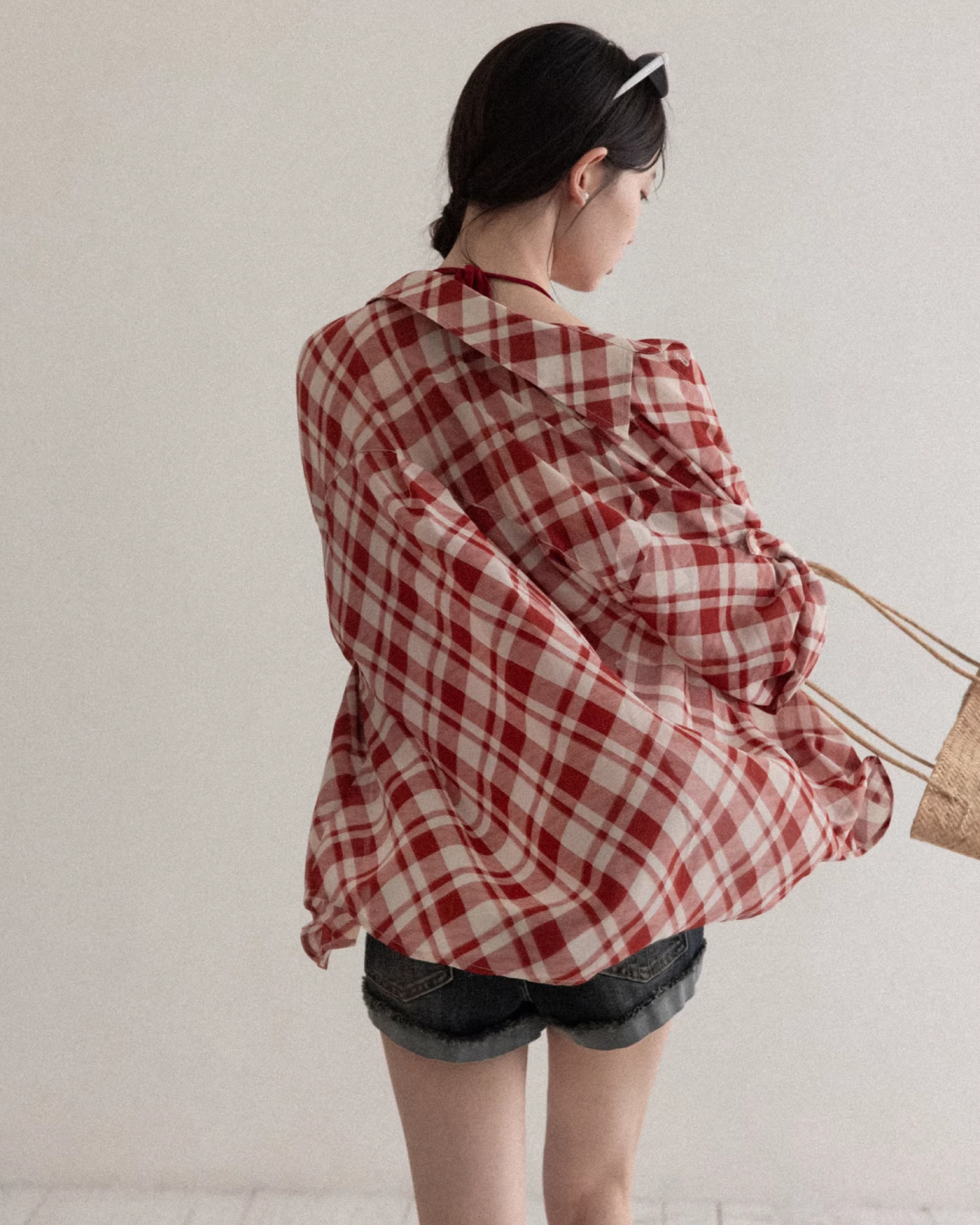 Red Plaid Pattern Shirt & Short Denim Pants CA0032