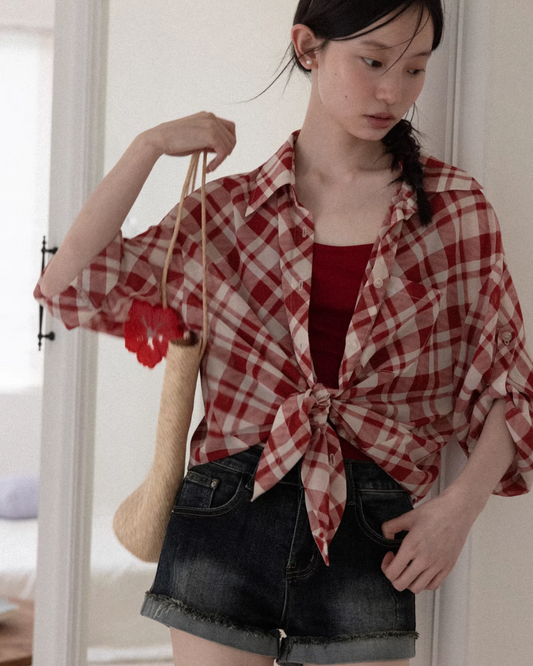 Red Plaid Pattern Shirt & Short Denim Pants CA0032