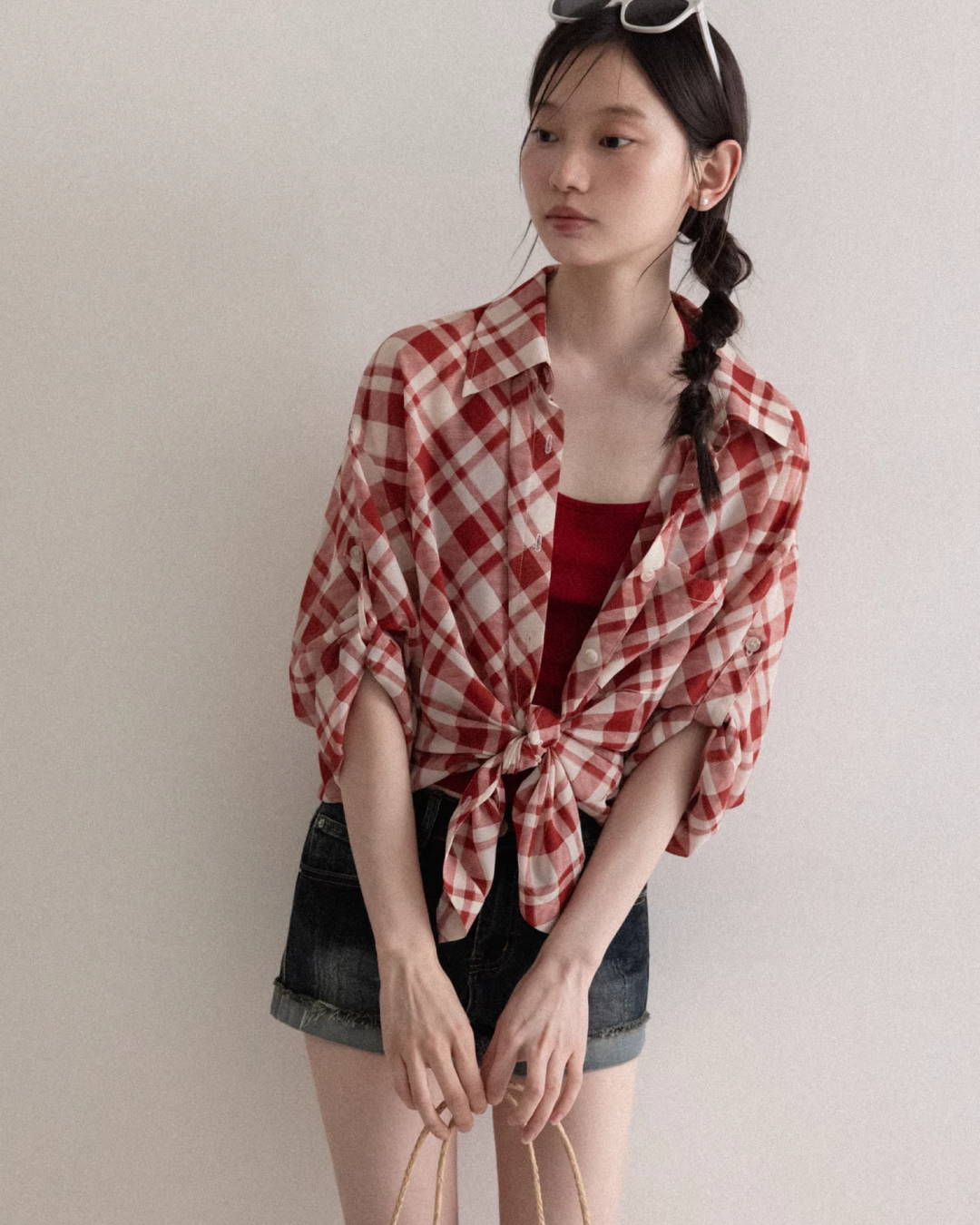 Red Plaid Pattern Shirt & Short Denim Pants CA0032