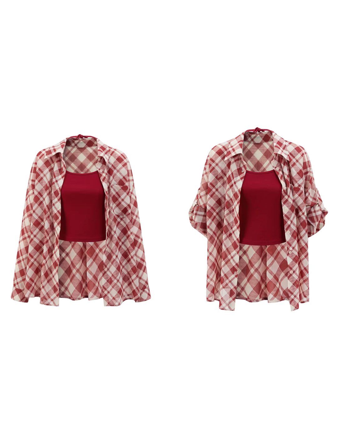 Red Plaid Pattern Shirt & Short Denim Pants CA0032