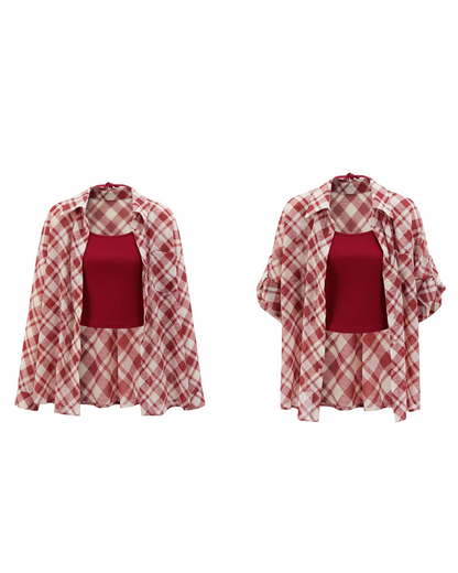 Red Plaid Pattern Shirt & Short Denim Pants CA0032