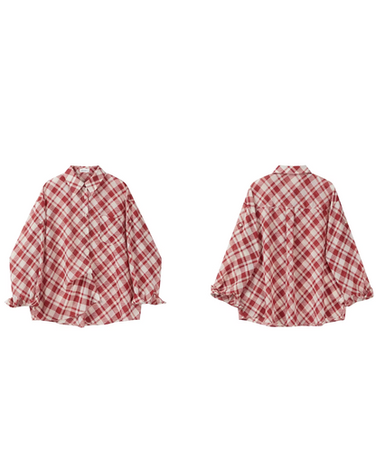 Red Plaid Pattern Shirt & Short Denim Pants CA0032