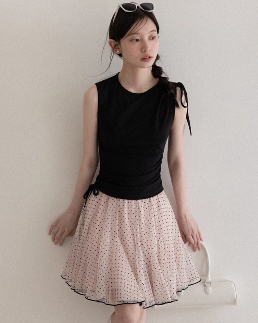Sleeveless Black Top & Polka Dots Pink Skirt CA0034