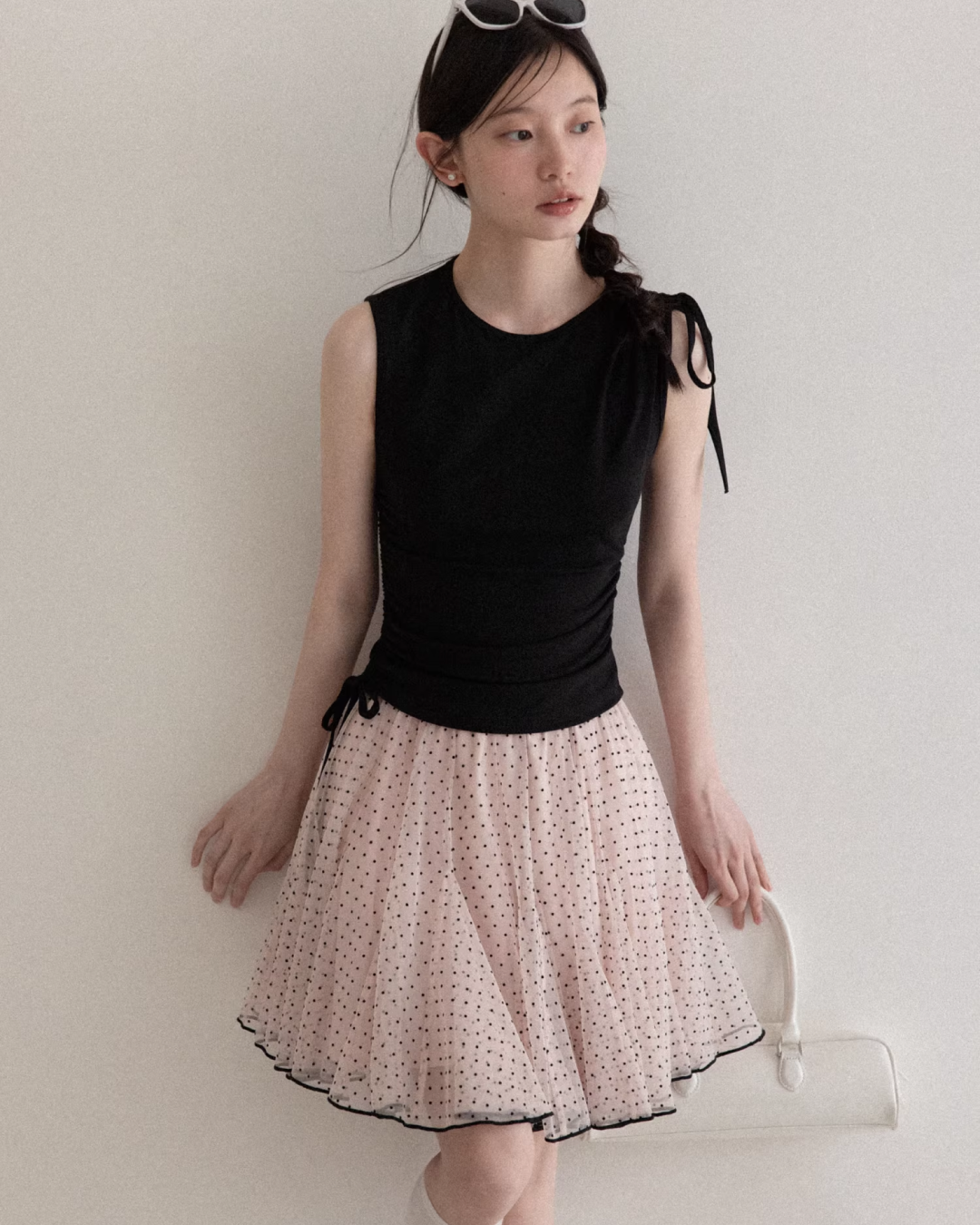 Sleeveless Black Top & Polka Dots Pink Skirt CA0034