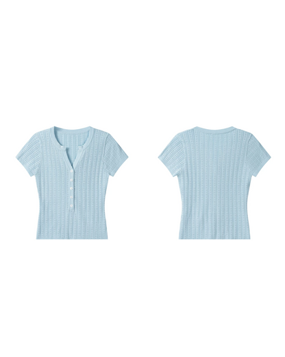 V-neck Button Blue Knit & Polka Dot Short Pant CA0041