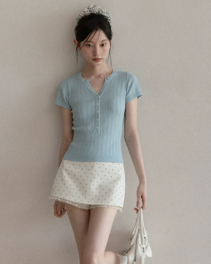 V-neck Button Blue Knit & Polka Dot Short Pant CA0041