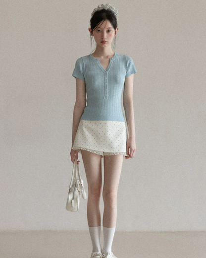 V-neck Button Blue Knit & Polka Dot Short Pant CA0041