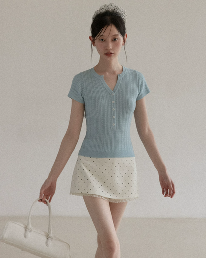 V-neck Button Blue Knit & Polka Dot Short Pant CA0041
