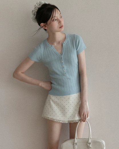 V-neck Button Blue Knit & Polka Dot Short Pant CA0041
