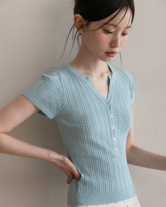 V-neck Button Blue Knit & Polka Dot Short Pant CA0041
