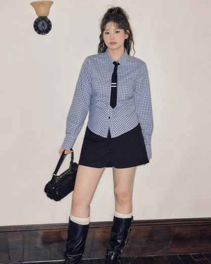 Gray Knit Matching cloth & Blue Plaid Shirt JU0006