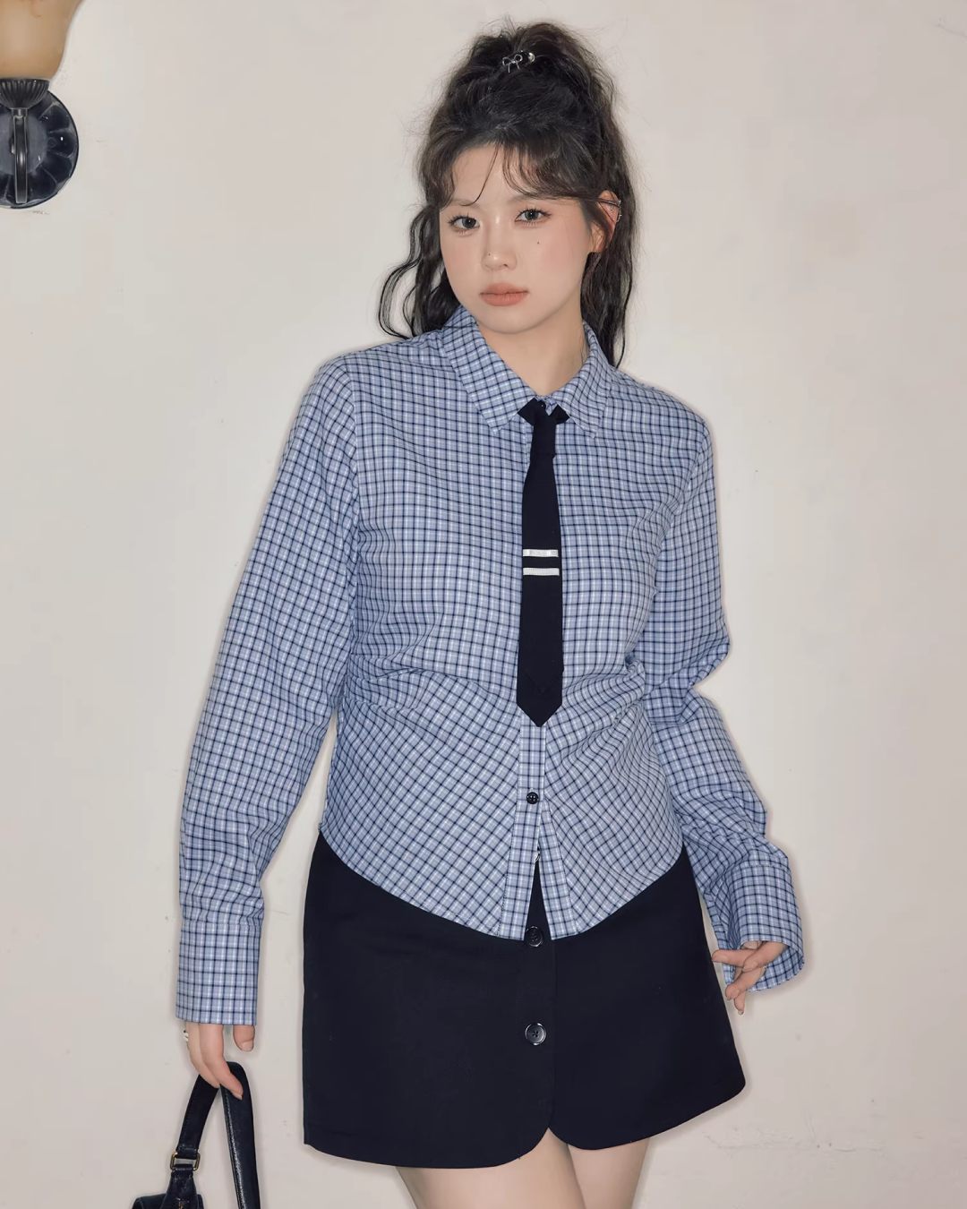 Gray Knit Matching cloth & Blue Plaid Shirt JU0006