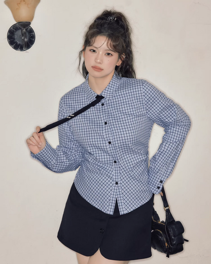 Gray Knit Matching cloth & Blue Plaid Shirt JU0006