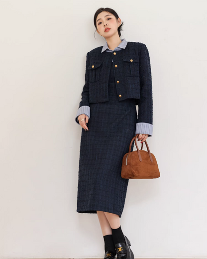 Blue Tweed Jacket & Layerd Shirt Dress JU0008