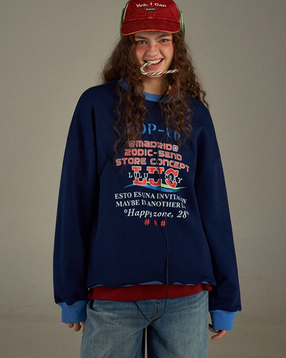 Navy Ringer Print Sweatshirt LG0006