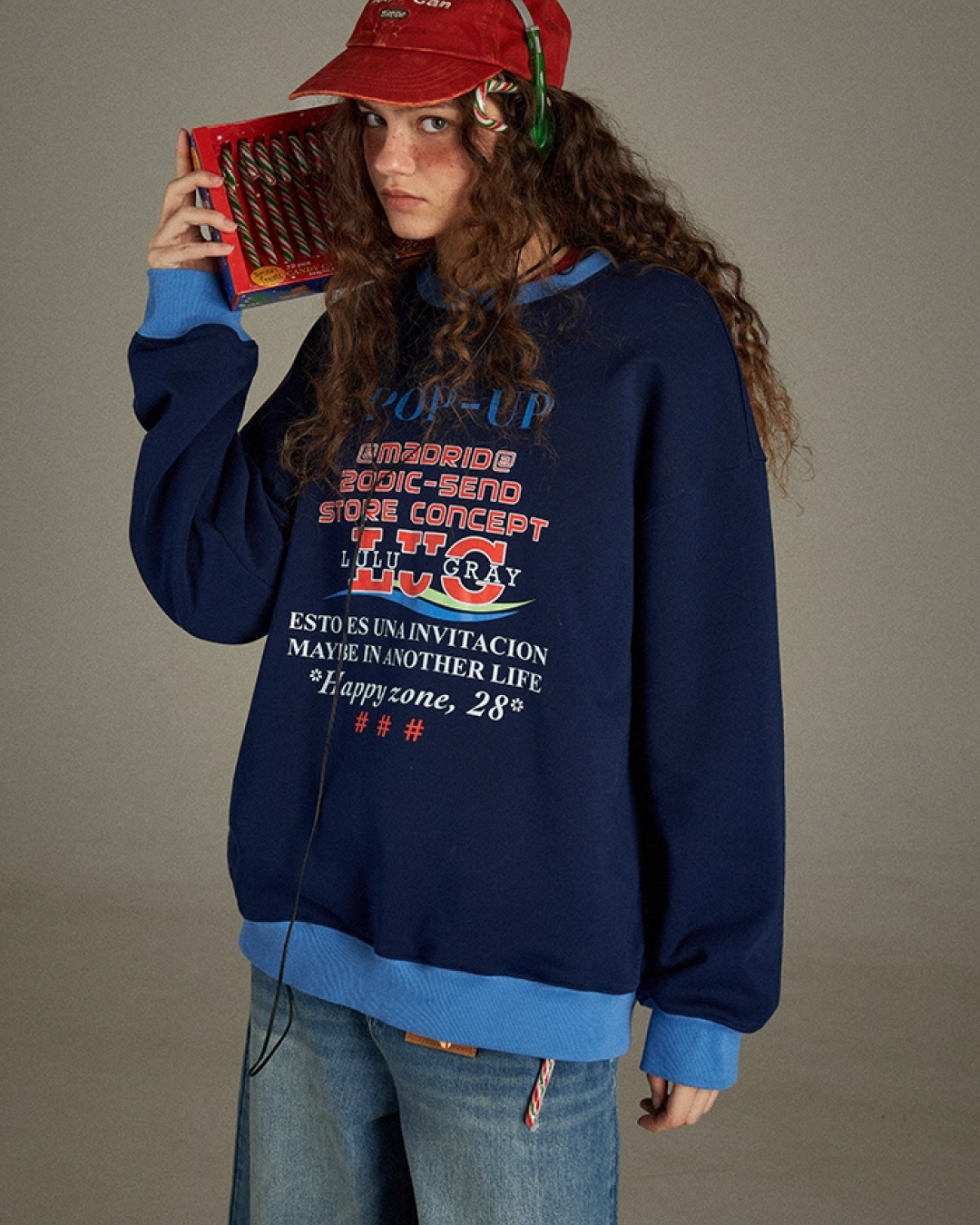 Navy Ringer Print Sweatshirt LG0006