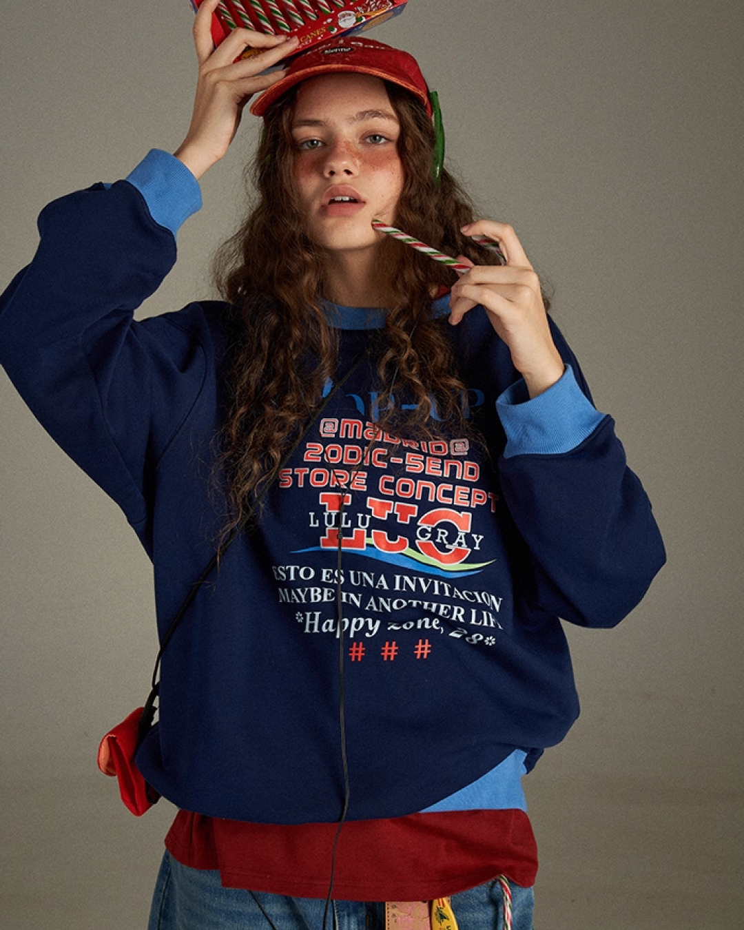 Navy Ringer Print Sweatshirt LG0006