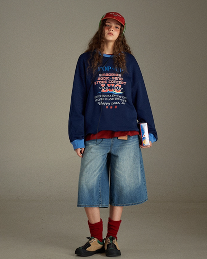 Navy Ringer Print Sweatshirt LG0006