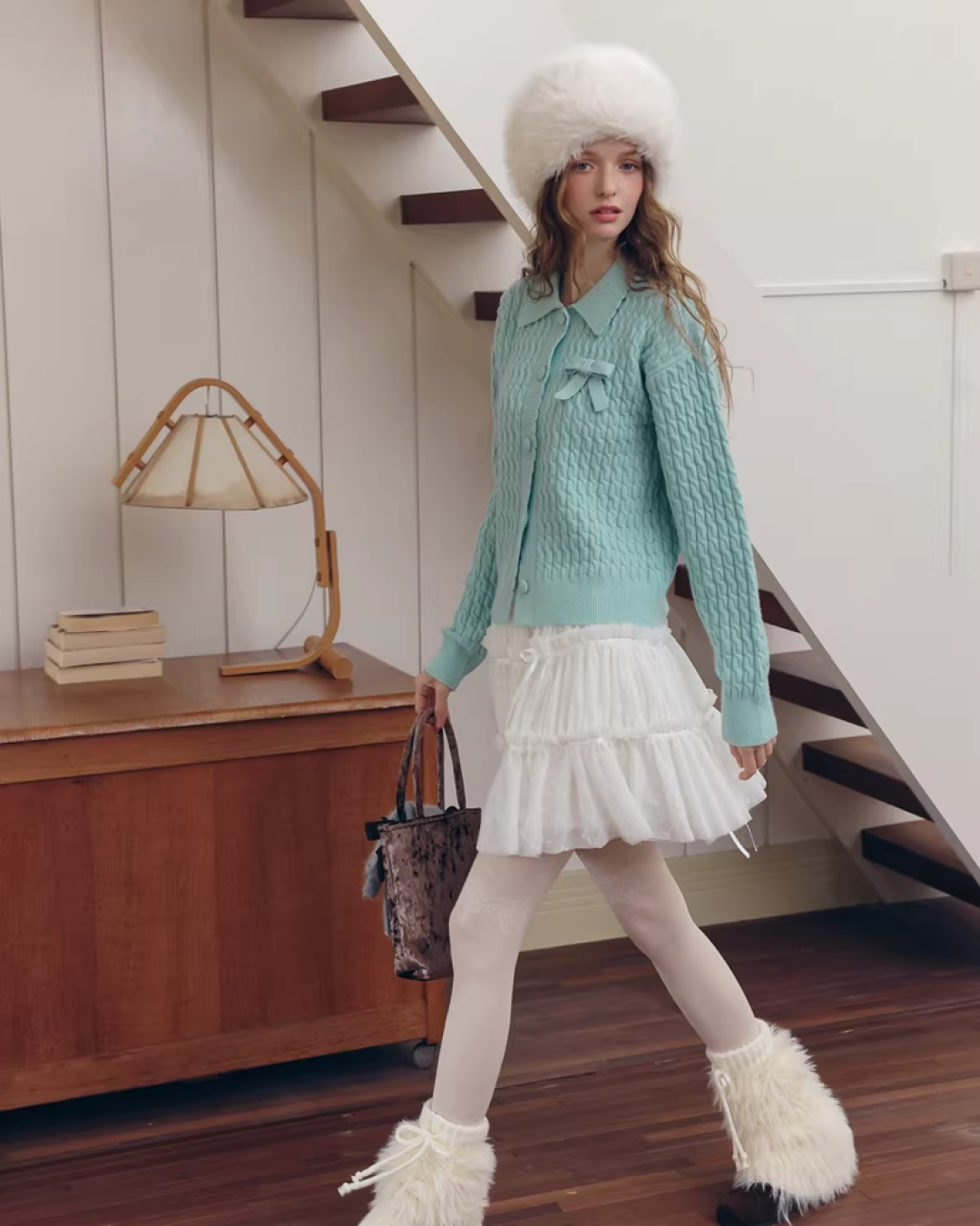 Skyblue Chest Ribbon Knit Shirt IS0008